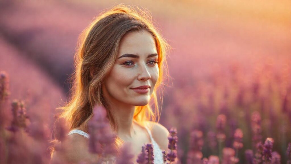 Mujer serena disfruta té de lavanda