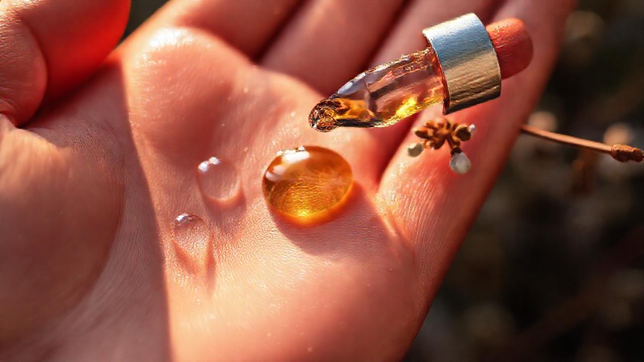 Una mano sostiene aceite sobre piel seca