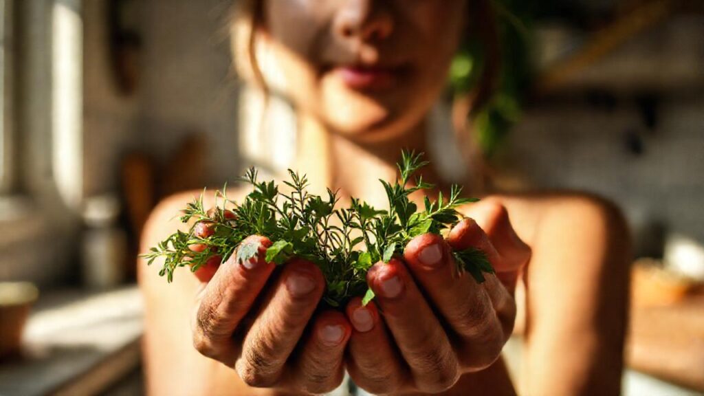 Manos sostienen hierbas en calma