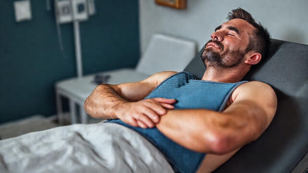 Hombre relajado recibe tratamiento muscular calmado
