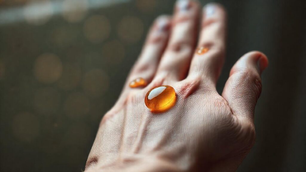 Mano humana con gotas ámbar y calma