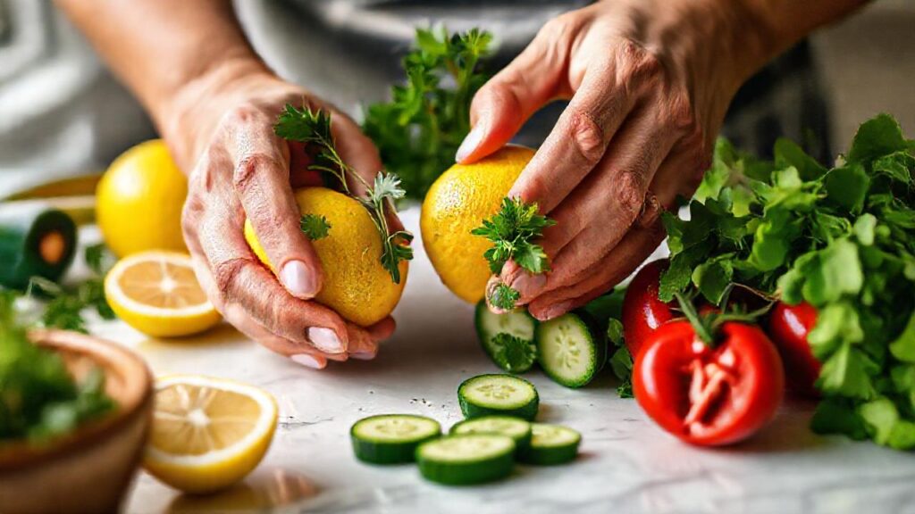 Manos preparan ingredientes frescos y saludables