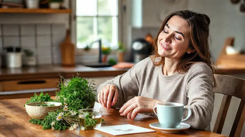 Una mujer se relaja preparando té calmante
