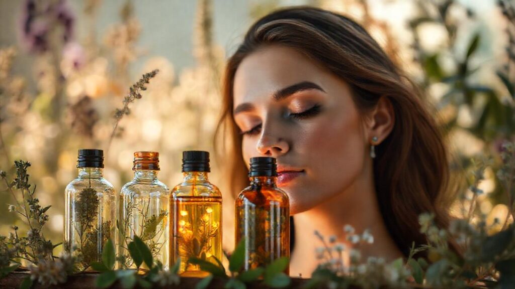 Botellas etéreas iluminan una mujer serena