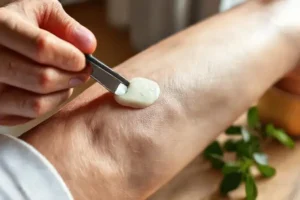 Mano aplica ungüento a la pierna