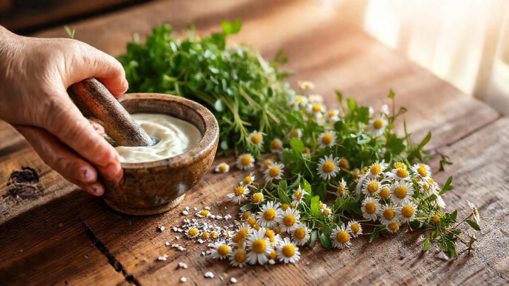 Una mesa rústica ofrece calma herbal