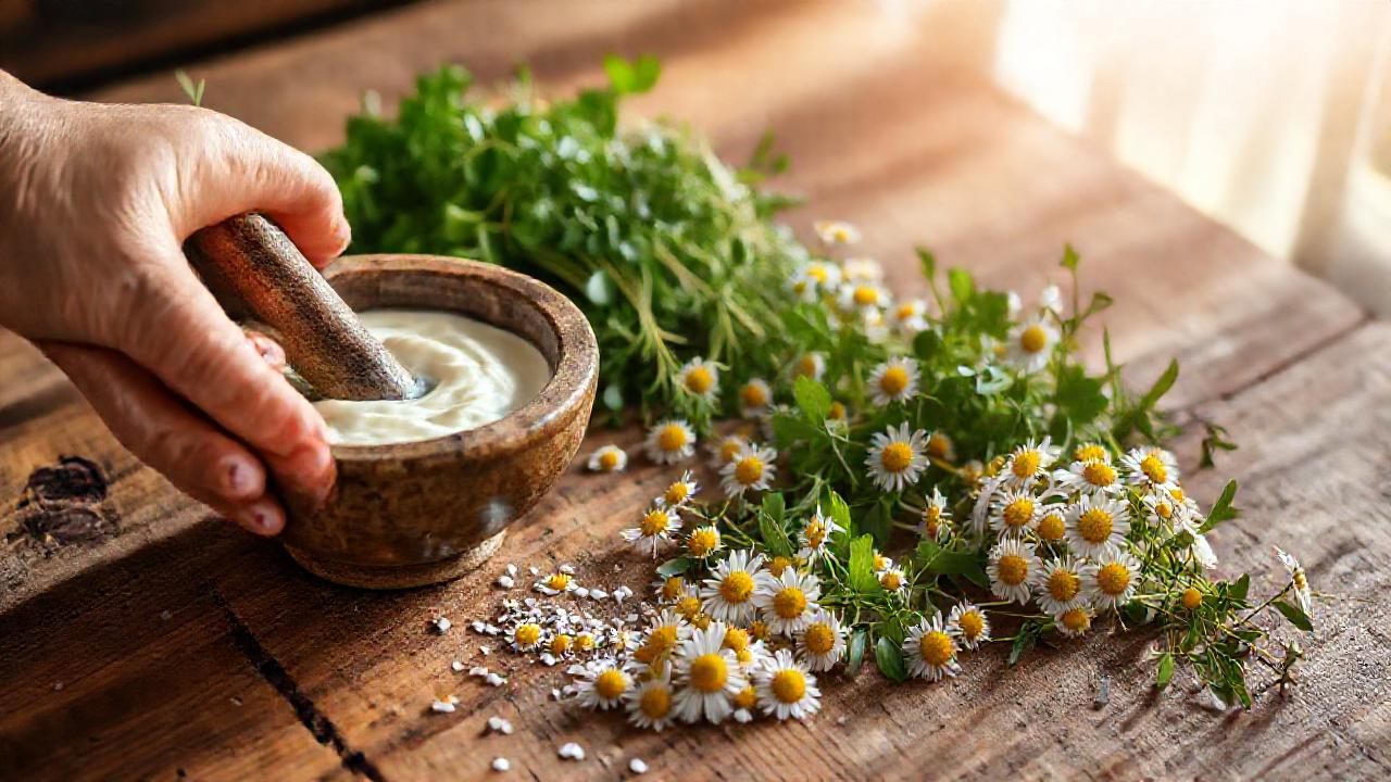 Una mesa rústica ofrece calma herbal
