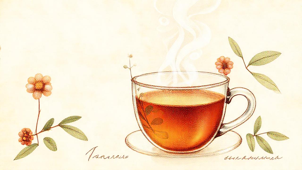 Té caliente, ilustración botánica, calma y detalle