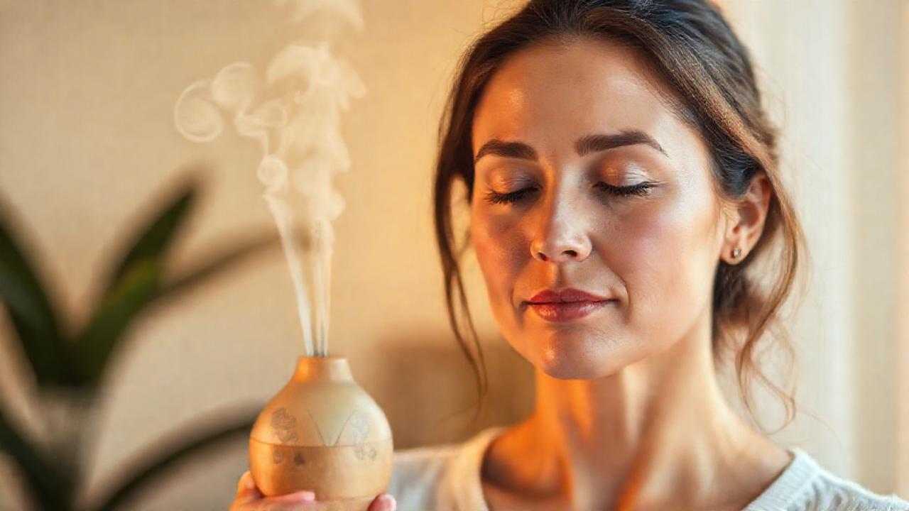 Mujer serena, aroma y detalle delicado