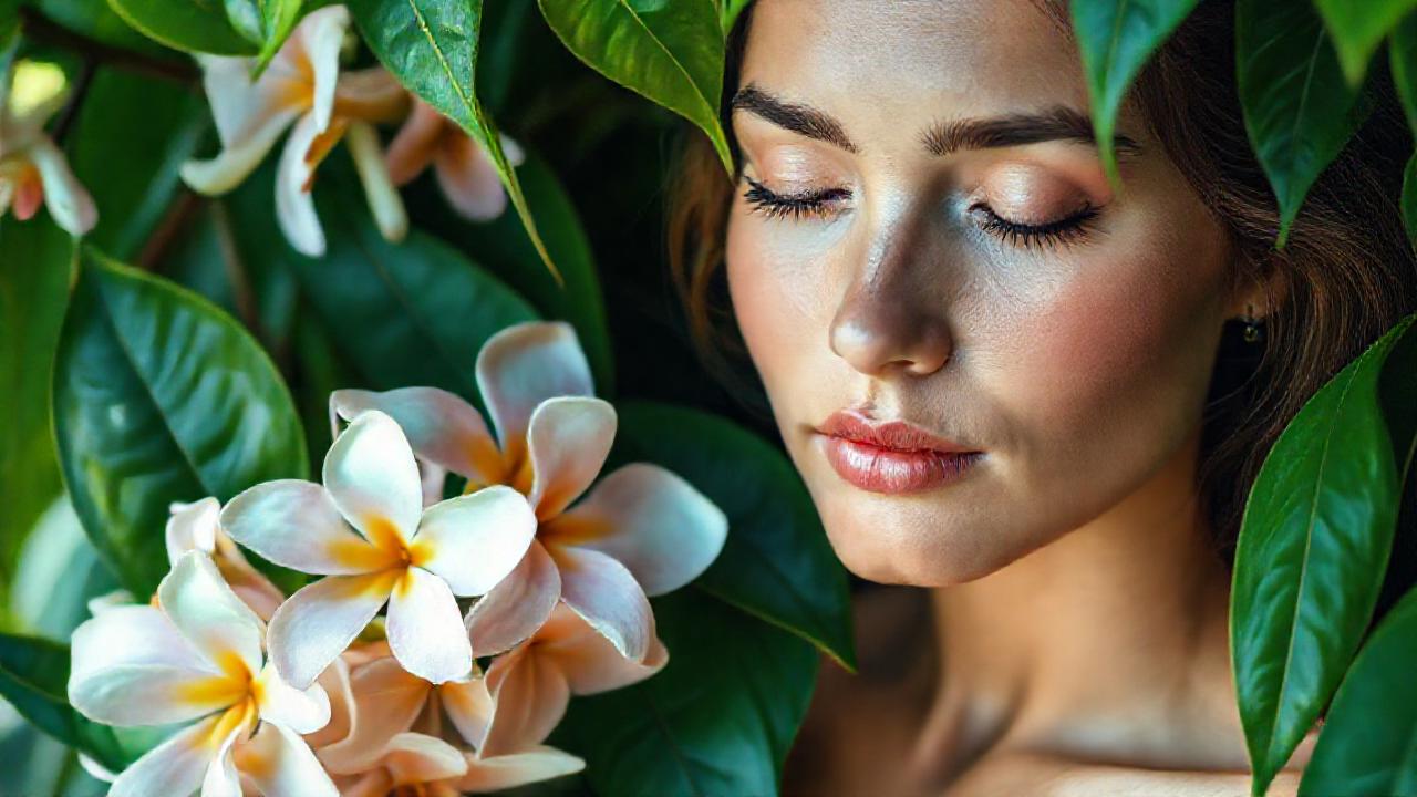 Una mujer serena, flores tropicales y calma