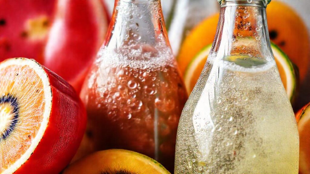 Frutas tropicales brillan en botellas frescas