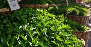 Hojas de té verde frescas brillan