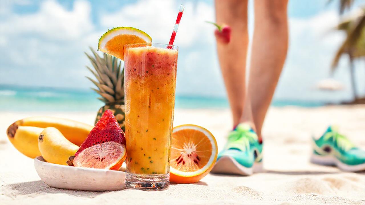 Atleta saludable disfruta smoothie en la playa