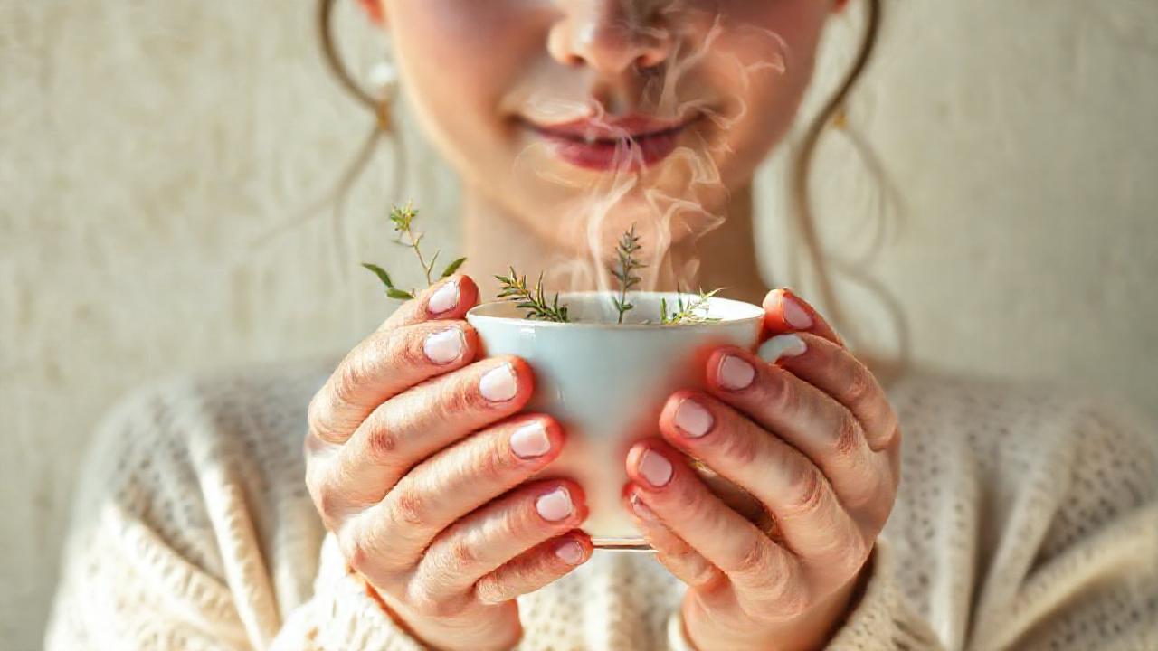 Manos herbales y té tranquilo