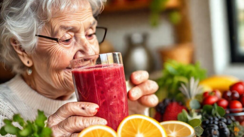 Una mujer mayor disfruta un batido saludable