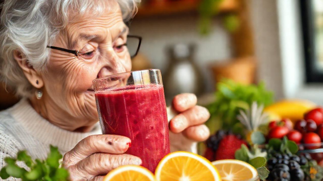 Una mujer mayor disfruta un batido saludable