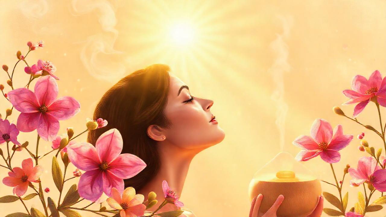Mujer serena, flores vibrantes y paz